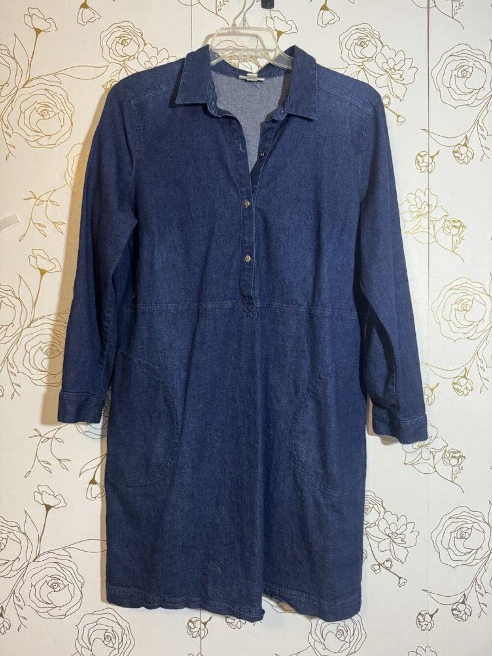 J Jill Denim Dress XL Collared Half Button Roll Tab Long Sleeve Dark Blue - Picture 3 of 8